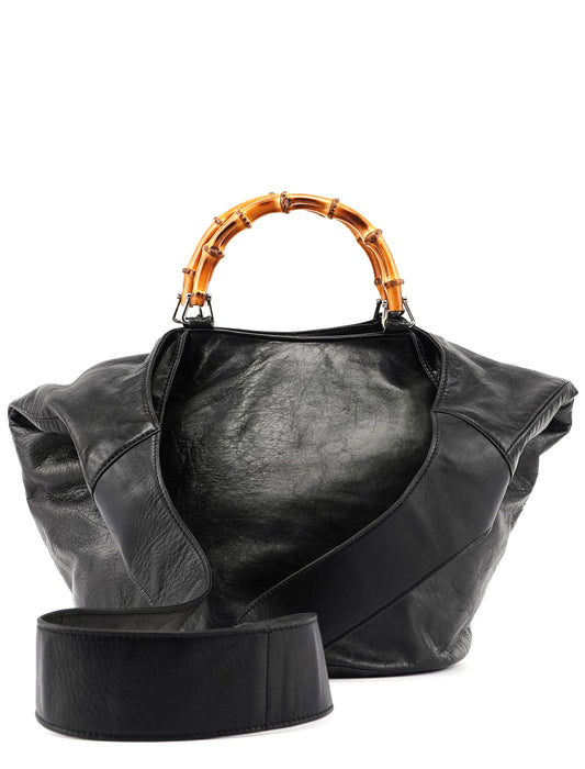 Black Calfskin Bamboo 2-Way Bag