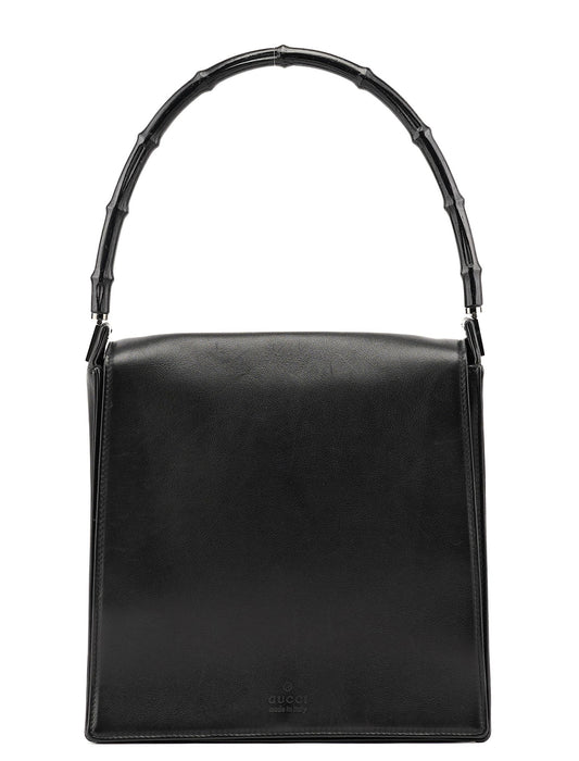 Black Calfskin Bamboo Flap Shoulder Bag