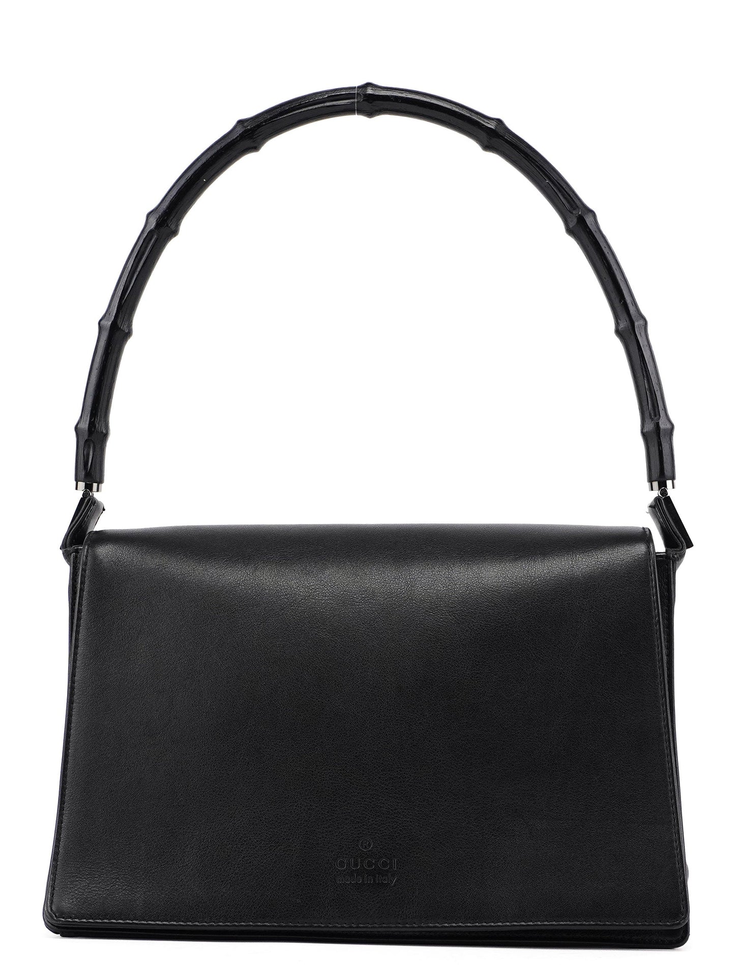 Black Calfskin Bamboo Flap Shoulder Bag