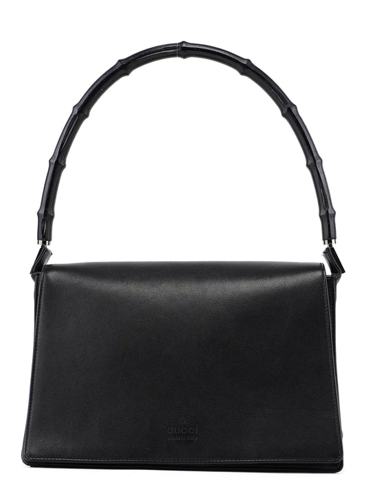 Black Calfskin Bamboo Flap Shoulder Bag