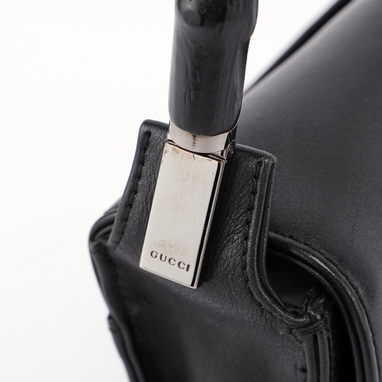 Black Calfskin Bamboo Flap Shoulder Bag