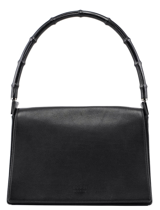 Black Calfskin Bamboo Flap Shoulder Bag