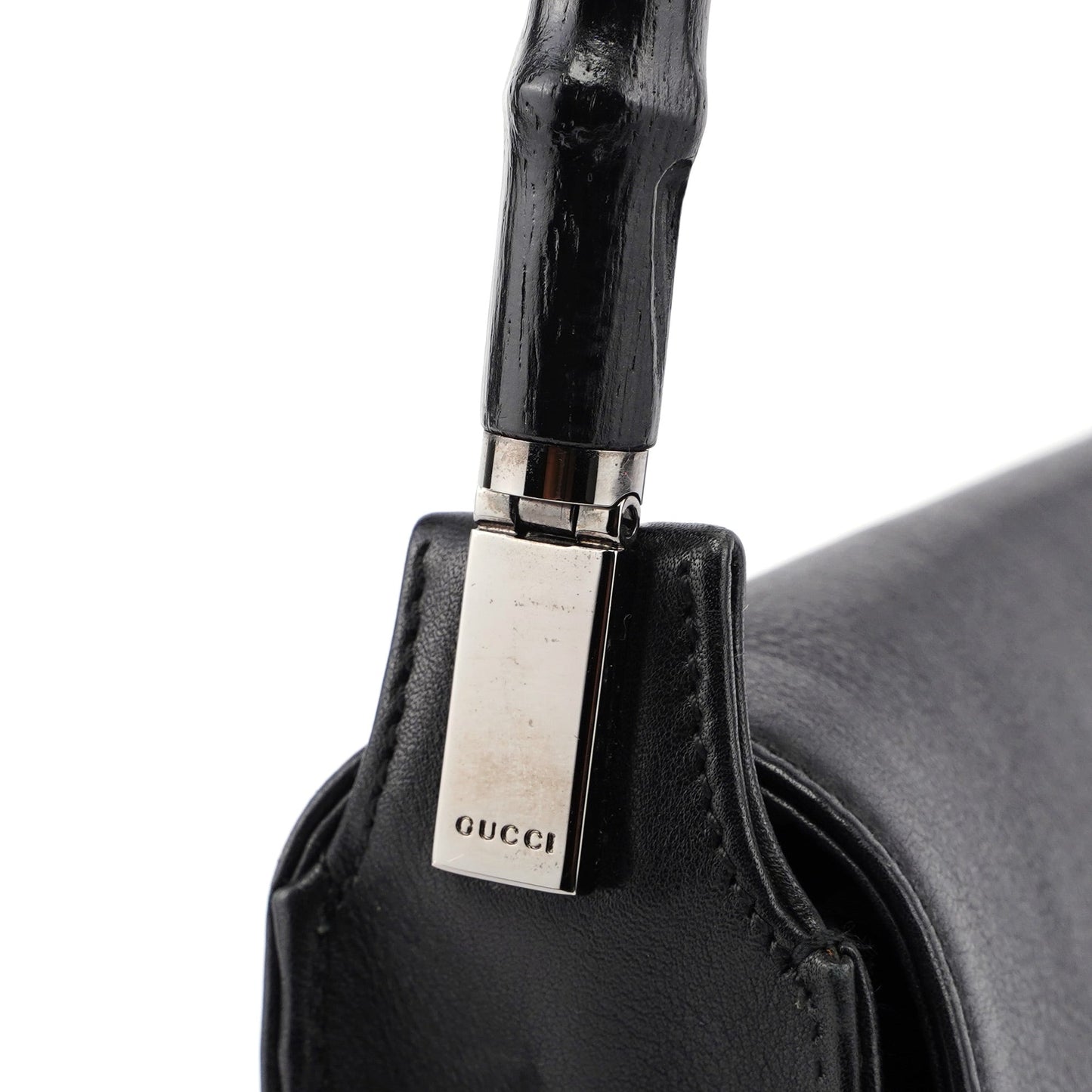 Black Calfskin Bamboo Flap Shoulder Bag