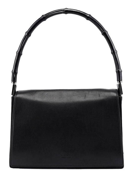 Black Calfskin Bamboo Flap Shoulder Bag