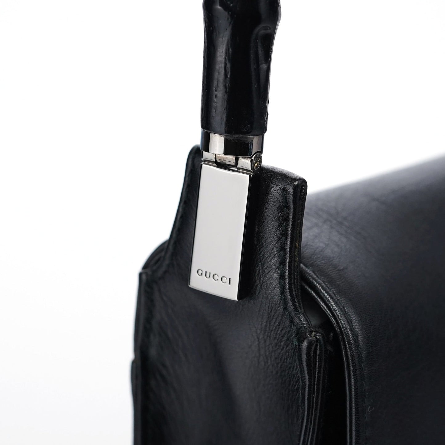 Black Calfskin Bamboo Flap Shoulder Bag