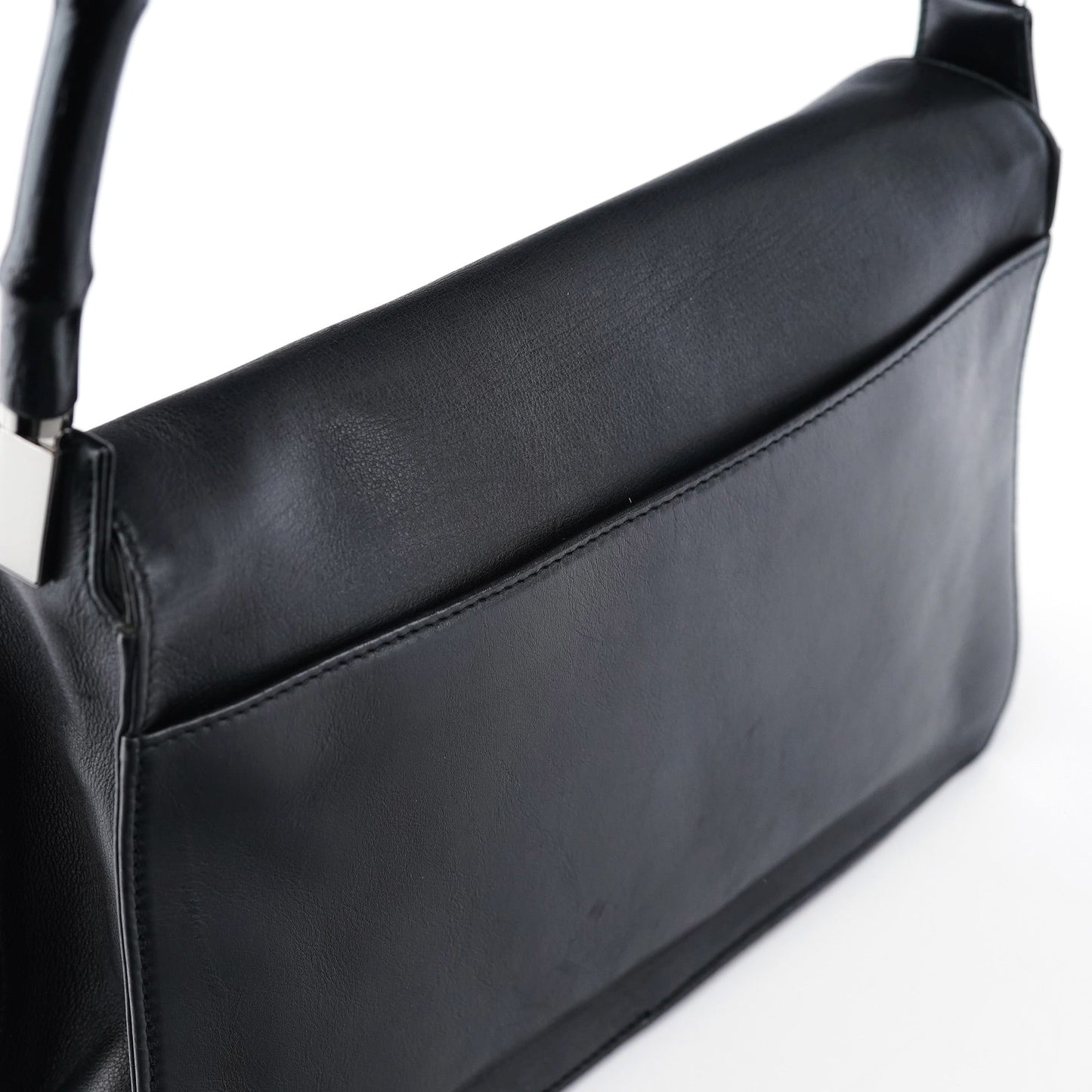 Black Calfskin Bamboo Flap Shoulder Bag
