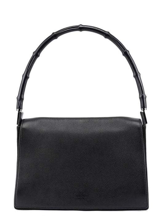 Black Calfskin Bamboo Flap Shoulder Bag