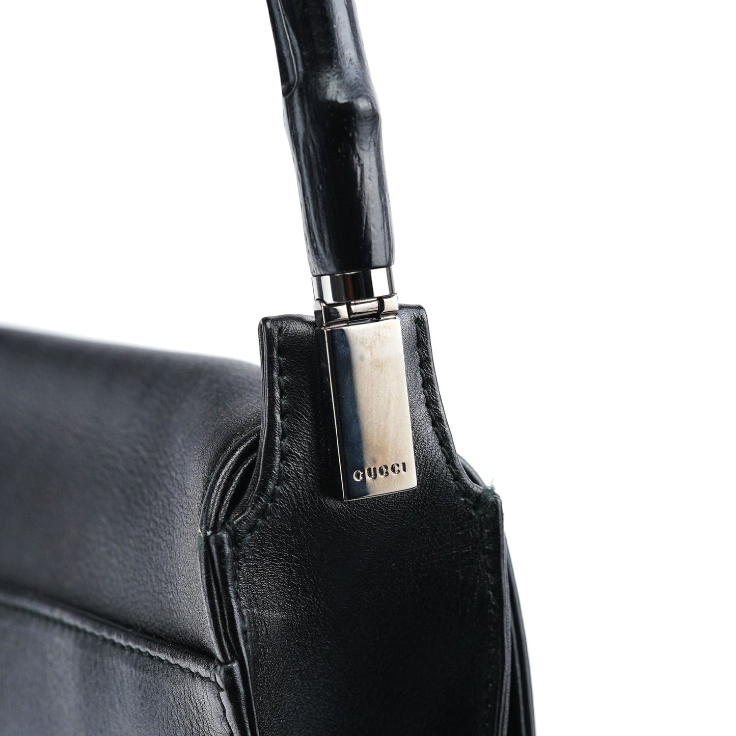 Black Calfskin Bamboo Flap Shoulder Bag