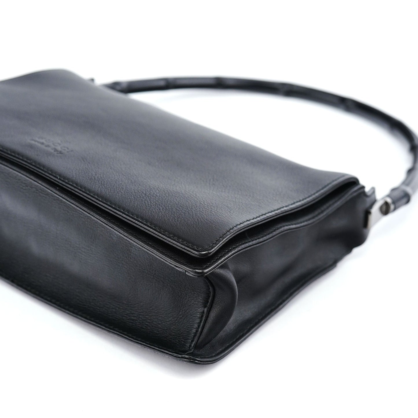 Black Calfskin Bamboo Flap Shoulder Bag