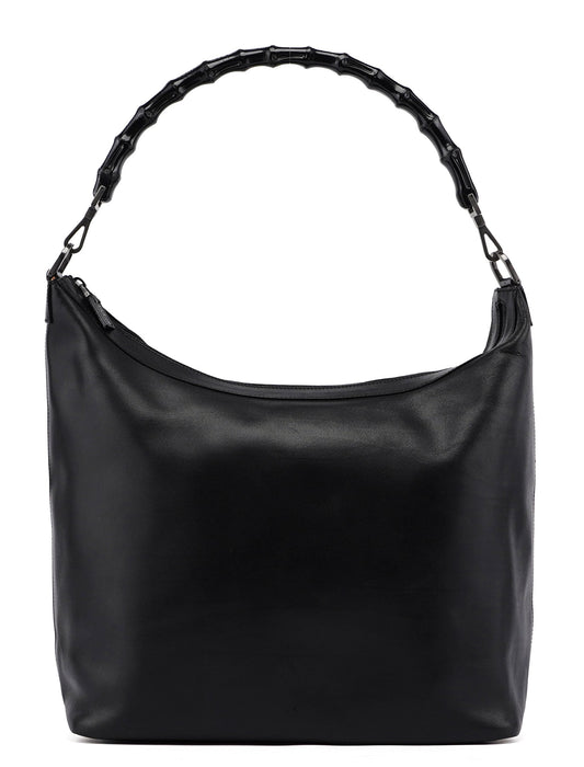 Black Calfskin Bamboo Shoulder Bag