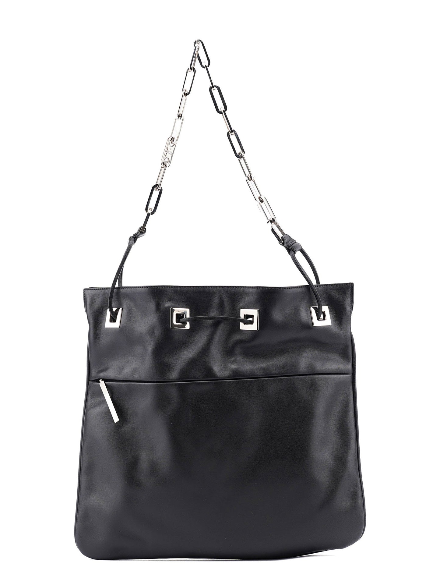 Black Calfskin Drawstring Chain Shoulder Bag
