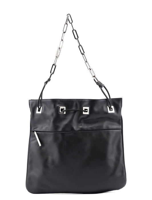Black Calfskin Drawstring Chain Shoulder Bag