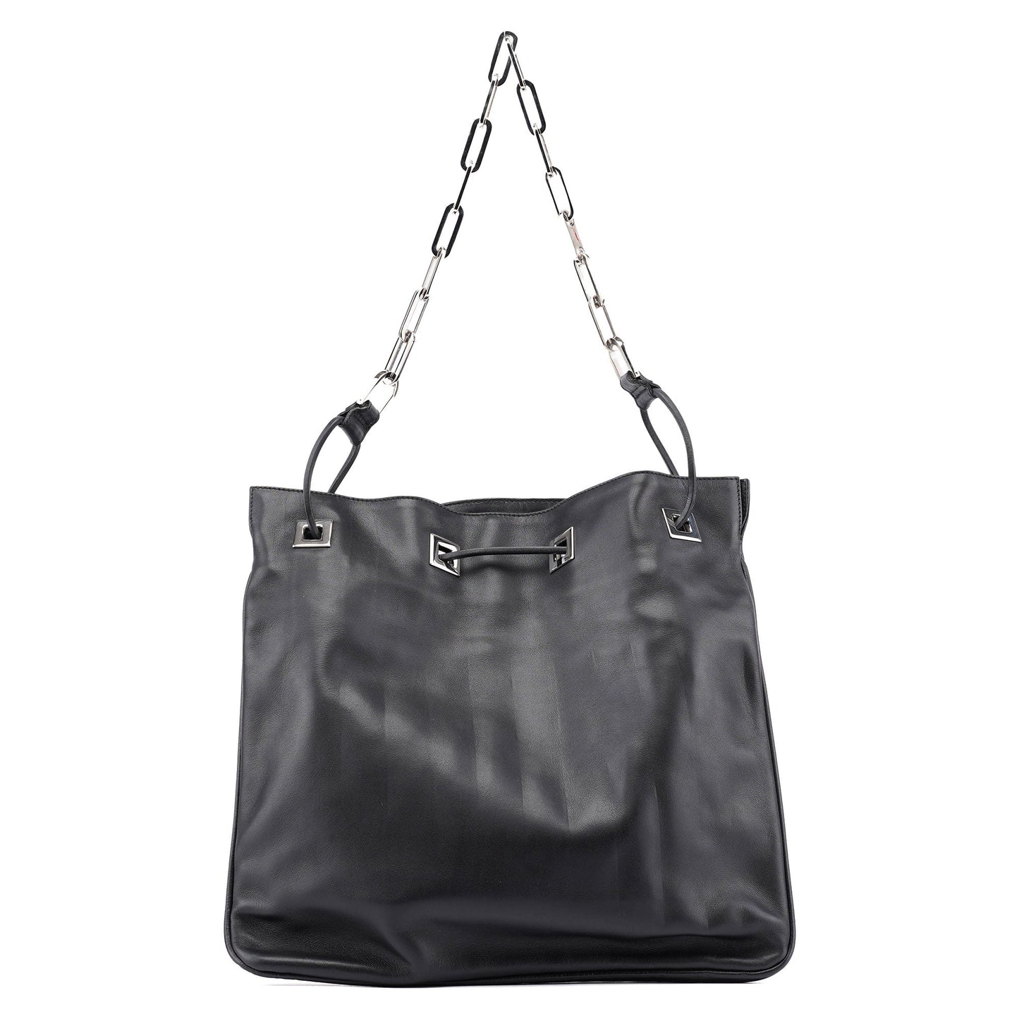 Black Calfskin Drawstring Chain Shoulder Bag