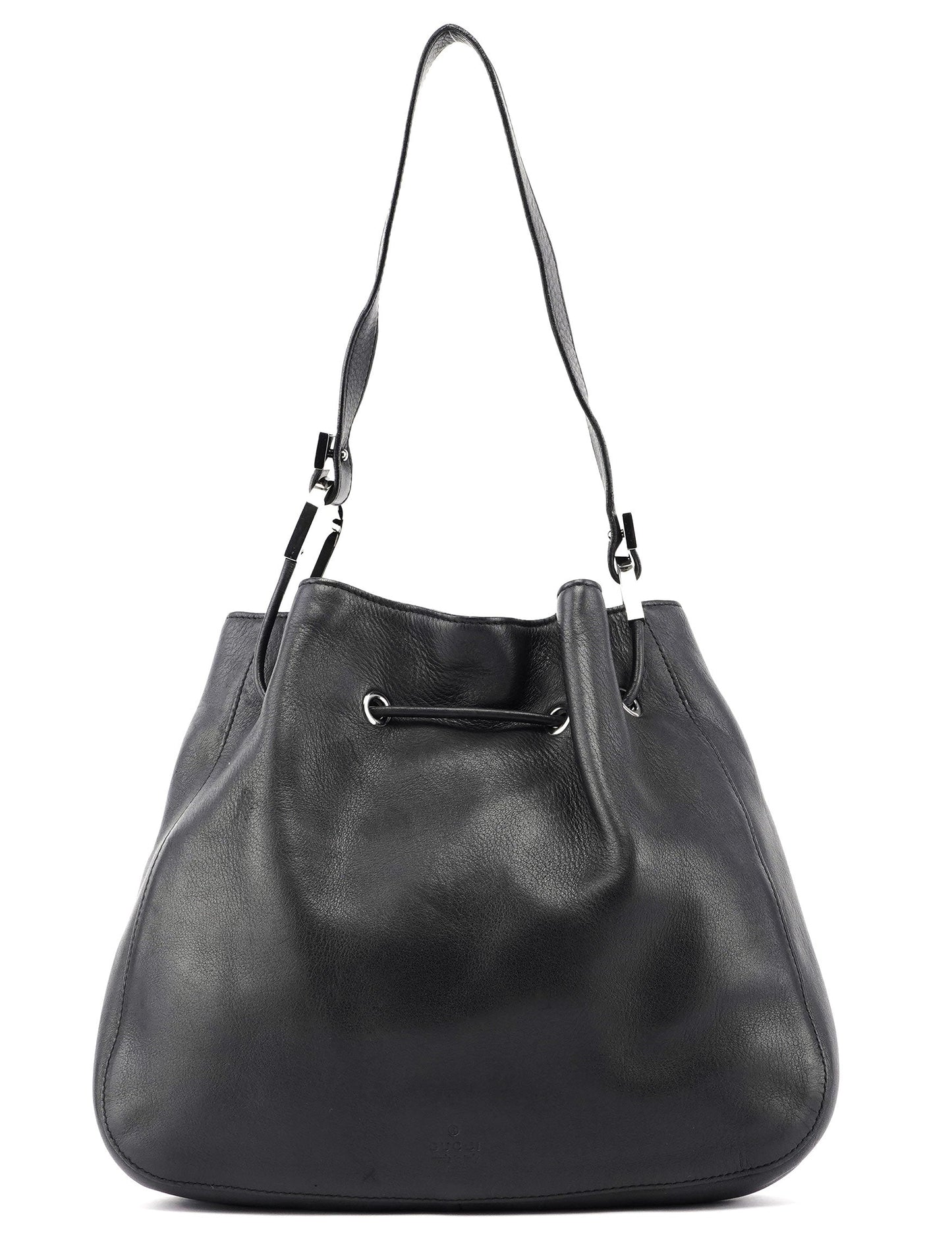 Black Calfskin Drawstring Shoulder Bag
