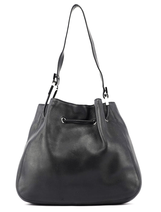 Black Calfskin Drawstring Shoulder Bag