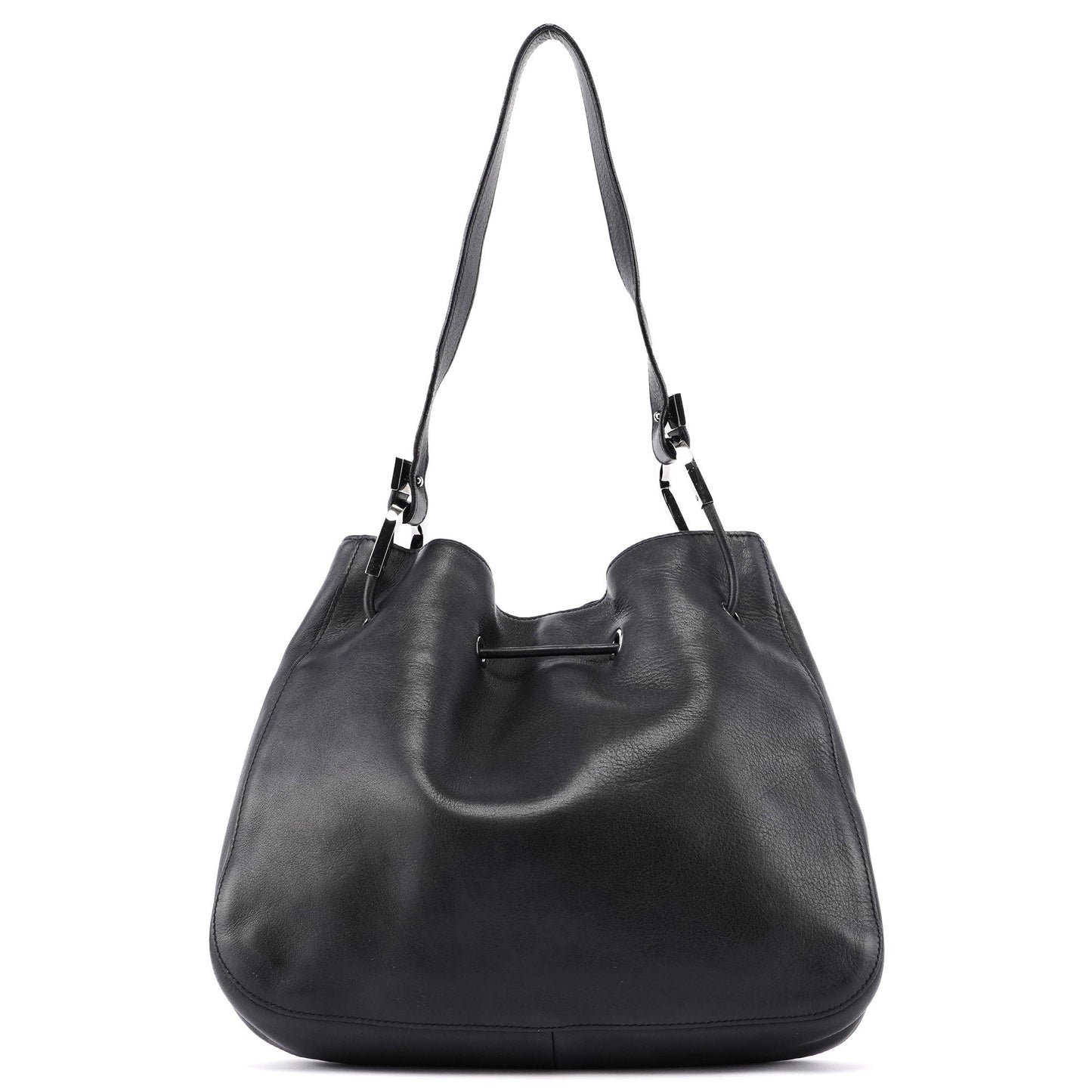 Black Calfskin Drawstring Shoulder Bag