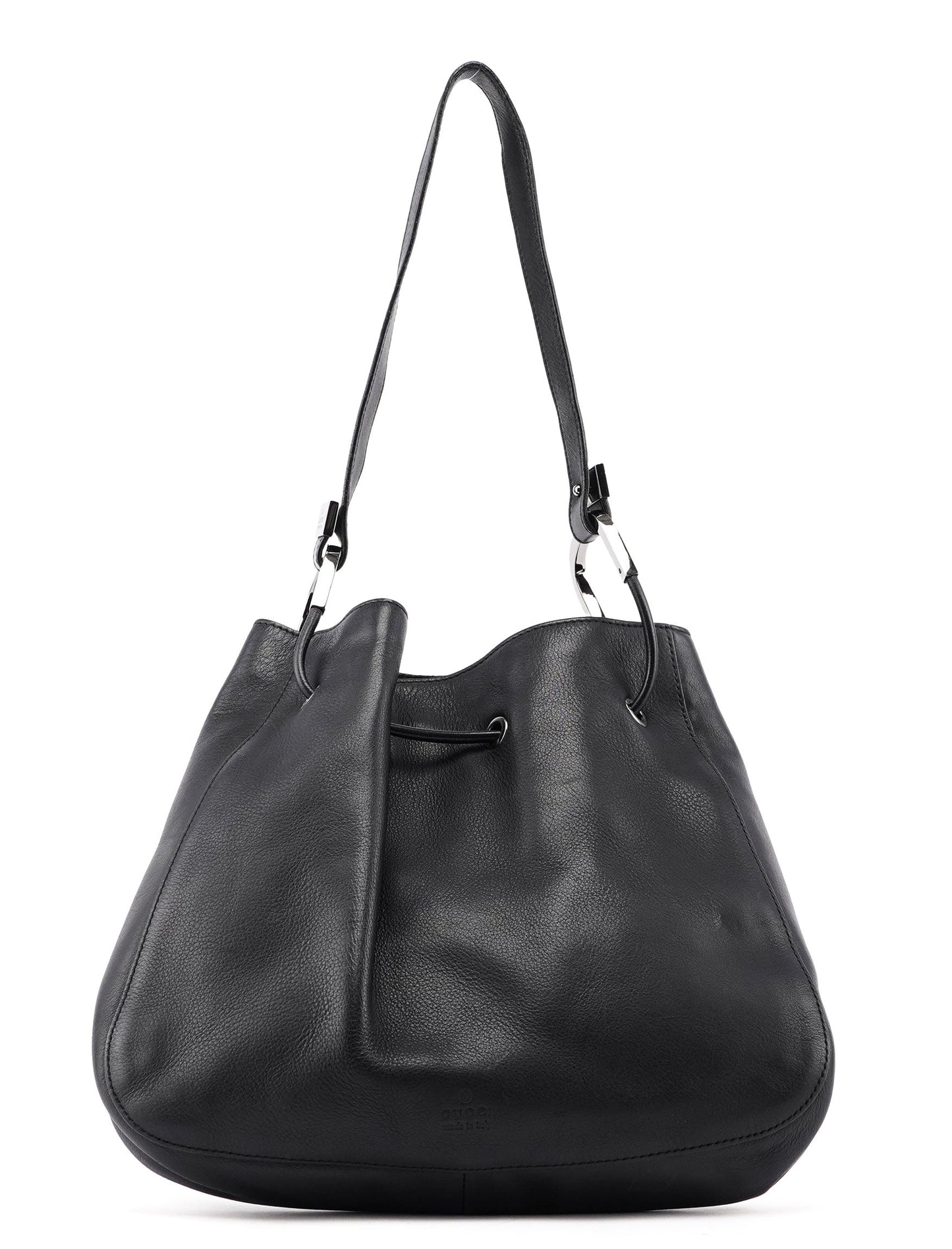 Black Calfskin Drawstring Shoulder Bag