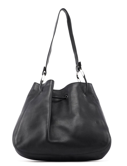 Black Calfskin Drawstring Shoulder Bag