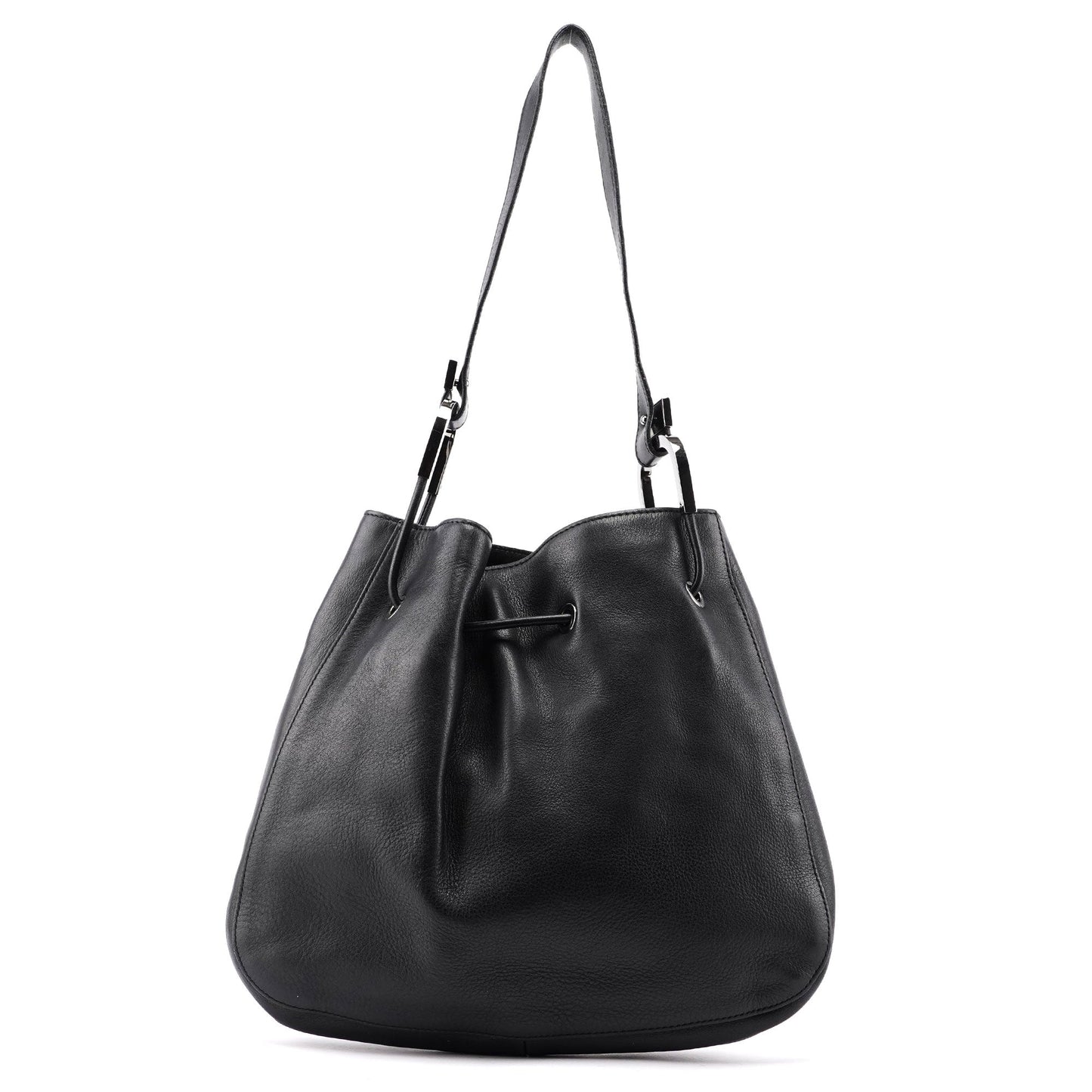 Black Calfskin Drawstring Shoulder Bag