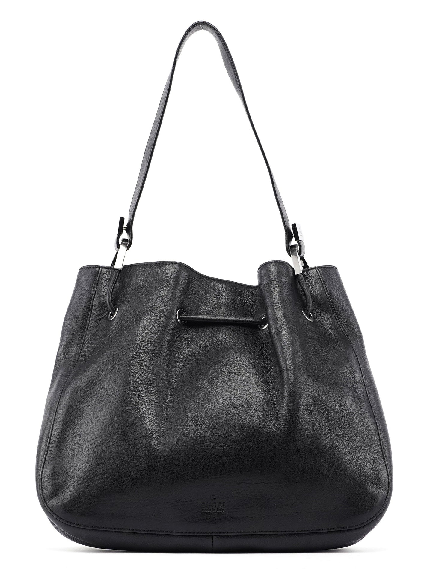 Black Calfskin Drawstring Shoulder Bag