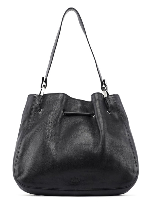 Black Calfskin Drawstring Shoulder Bag