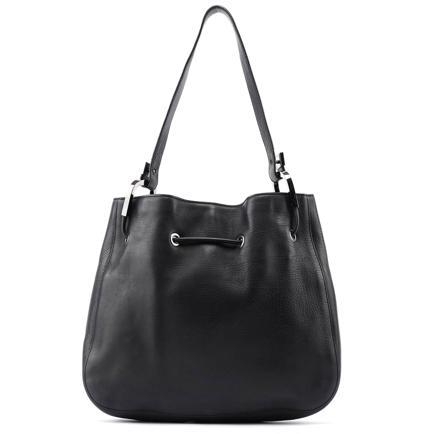 Black Calfskin Drawstring Shoulder Bag