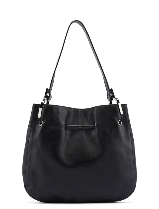 Black Calfskin Drawstring Shoulder Bag