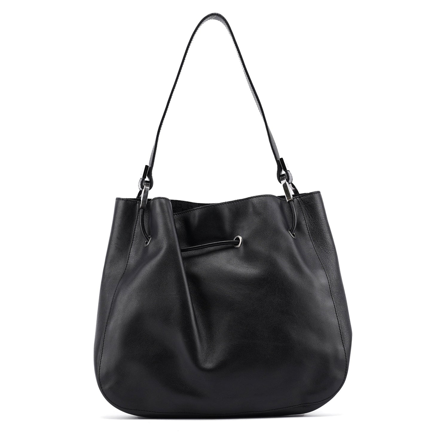Black Calfskin Drawstring Shoulder Bag