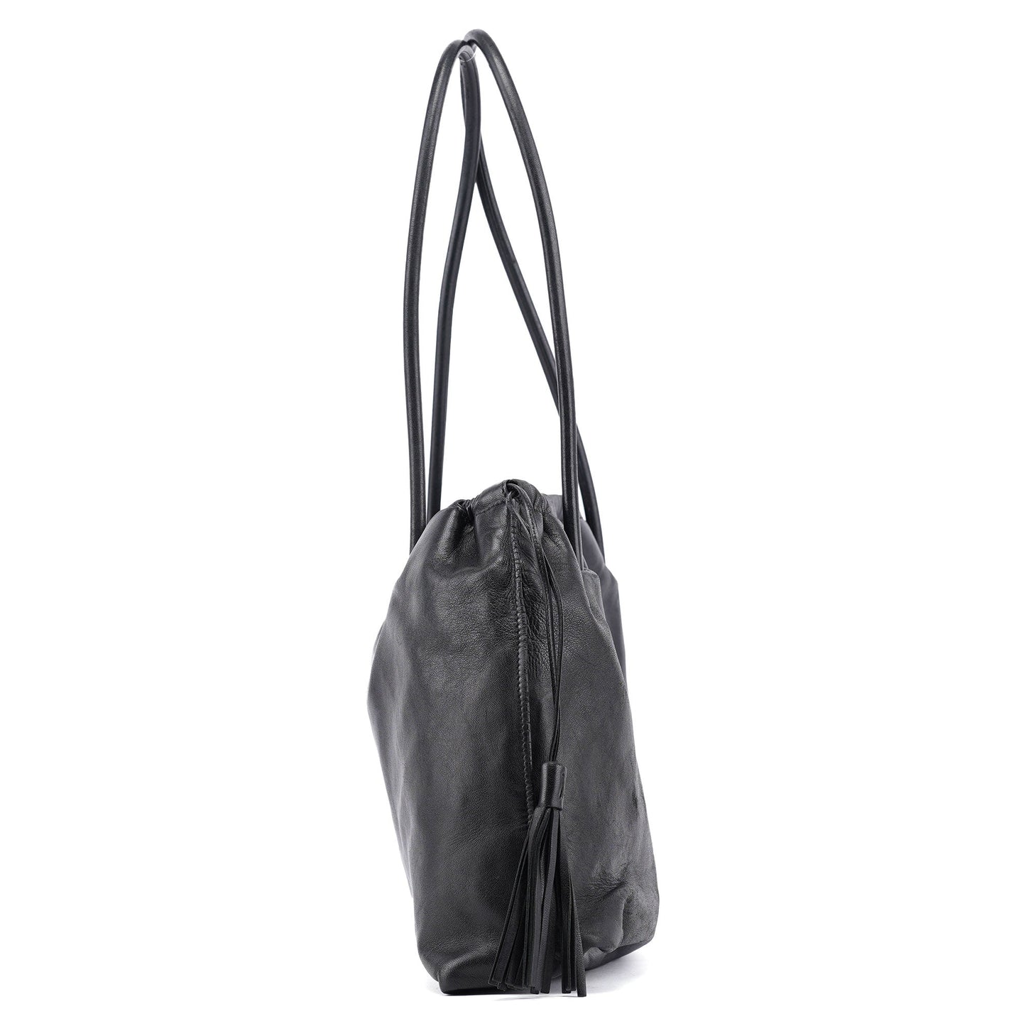 Black Calfskin Drawstring Tote Bag