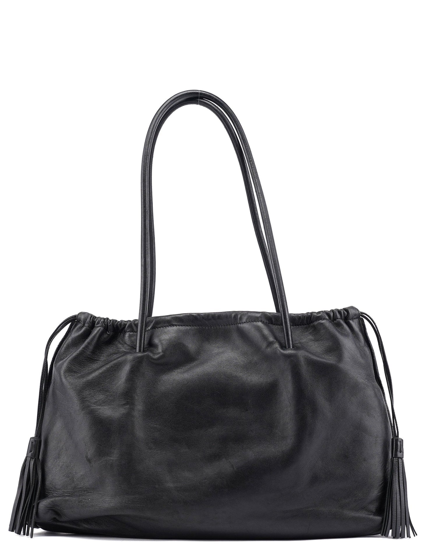 Black Calfskin Drawstring Tote Bag