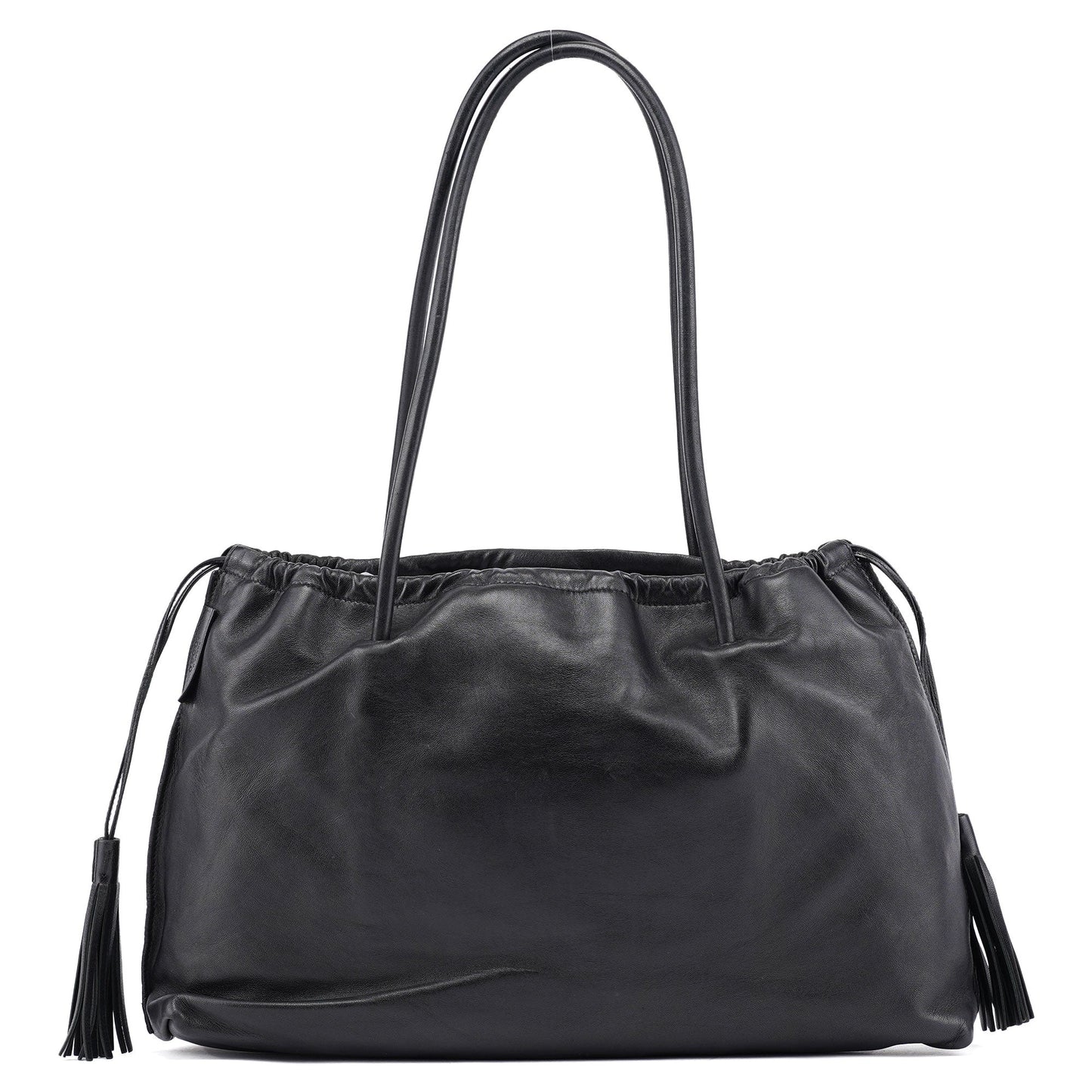 Black Calfskin Drawstring Tote Bag