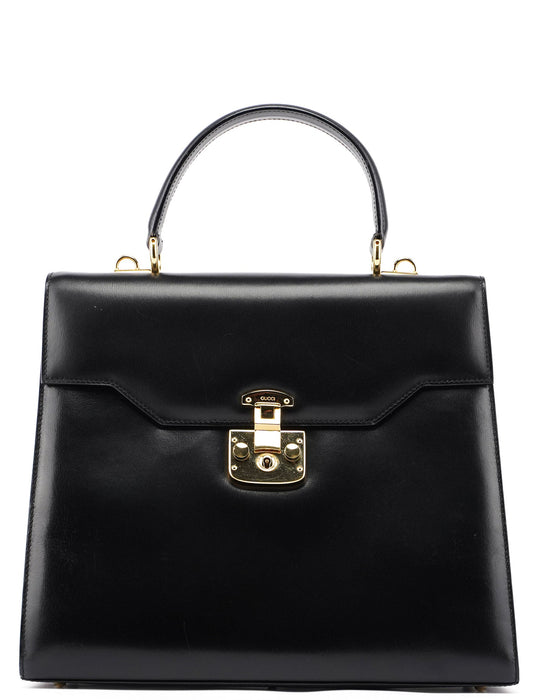 Black Calfskin Lady Lock Top Handle Bag