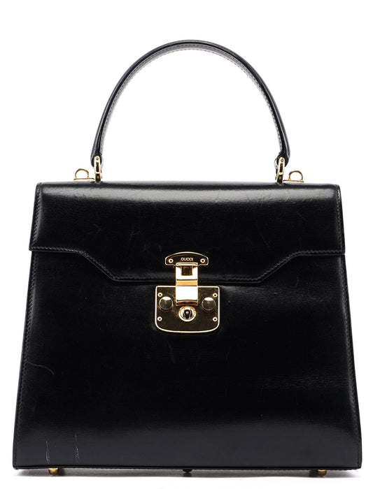 Black Calfskin Ladylock Top Handle Bag