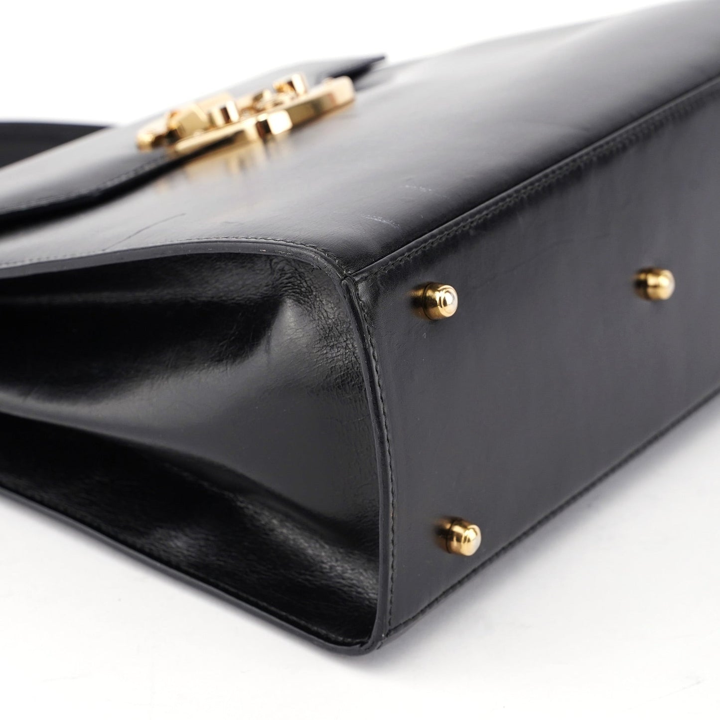 Black Calfskin Ladylock Top Handle Bag