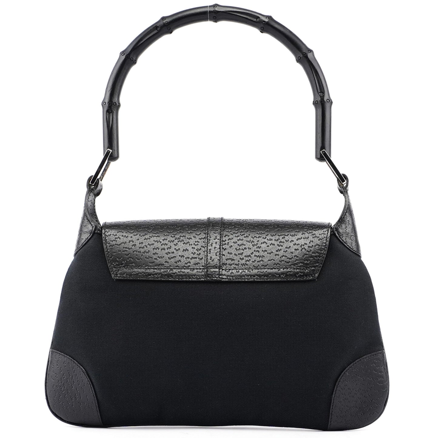 Black Canvas Leather Jackie Bamboo Shoulder Bag