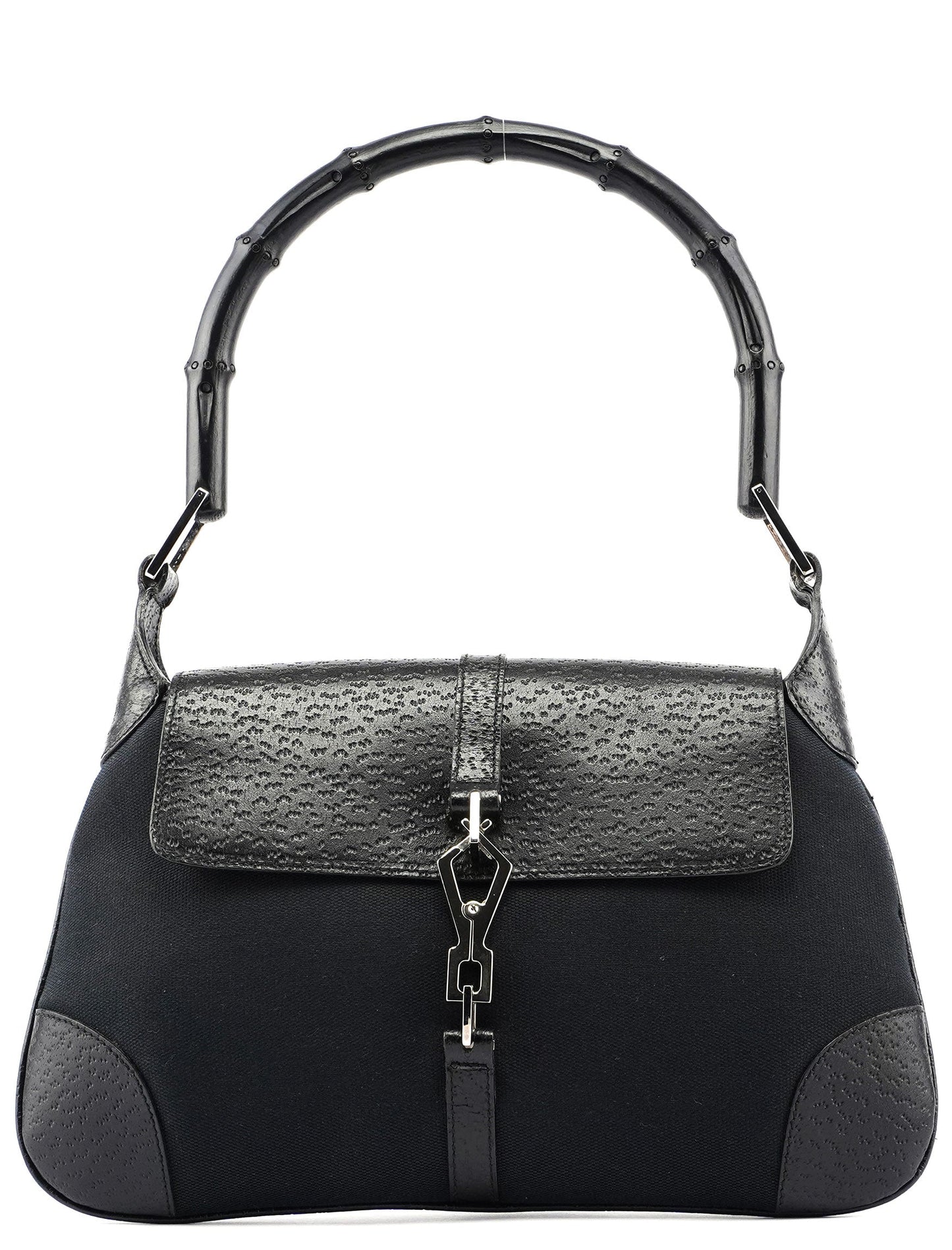 Black Canvas Leather Jackie Bamboo Shoulder Bag