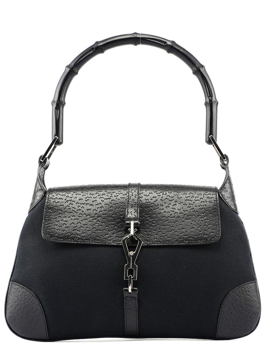 Black Canvas Leather Jackie Bamboo Shoulder Bag
