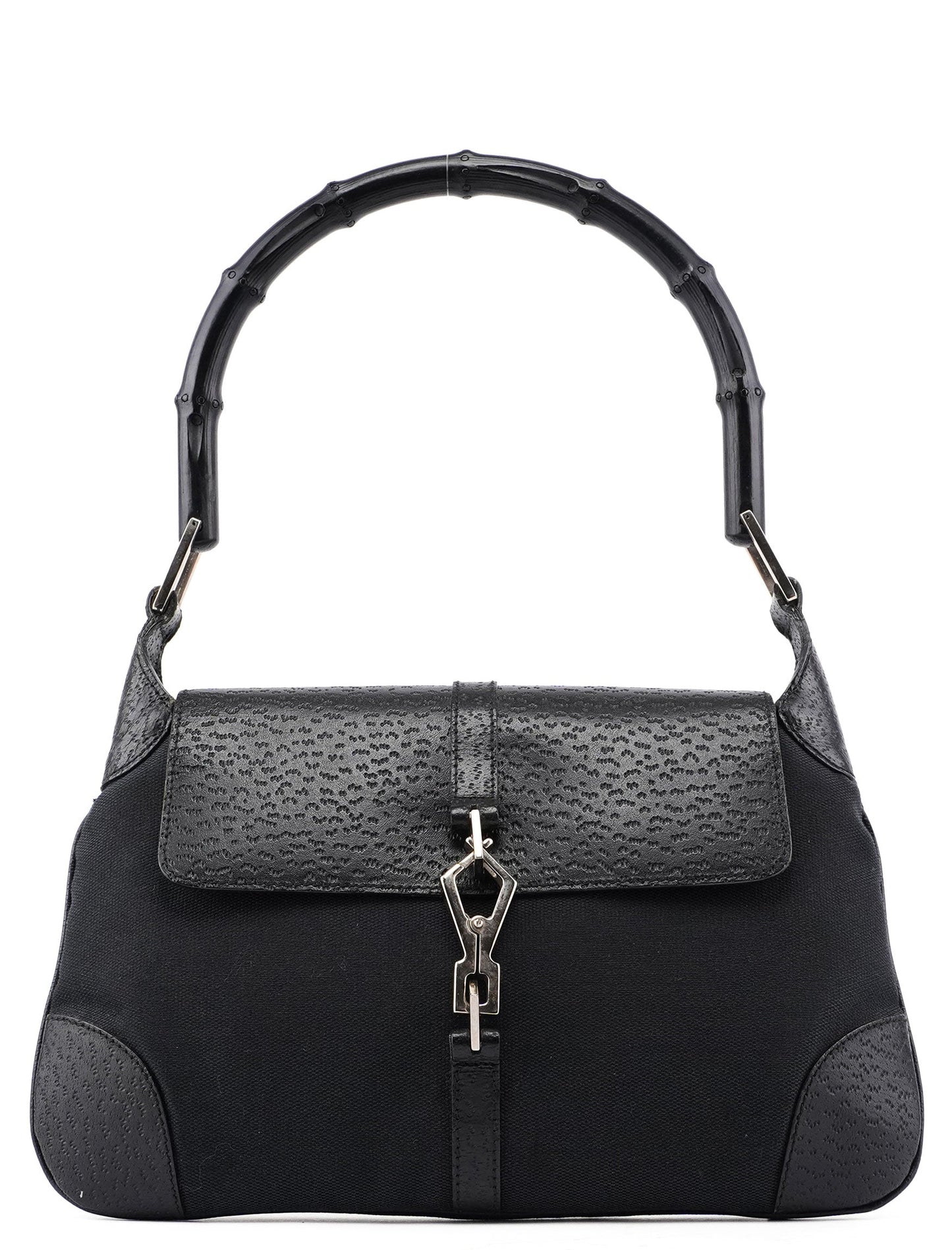 Black Canvas Leather Jackie Bamboo Bag