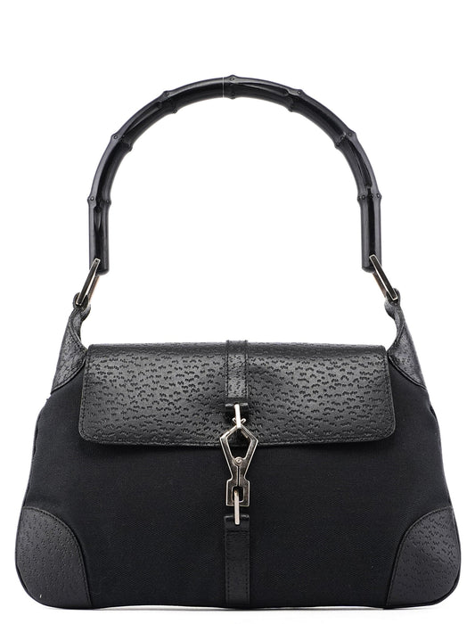 Black Canvas Leather Jackie Bamboo Bag
