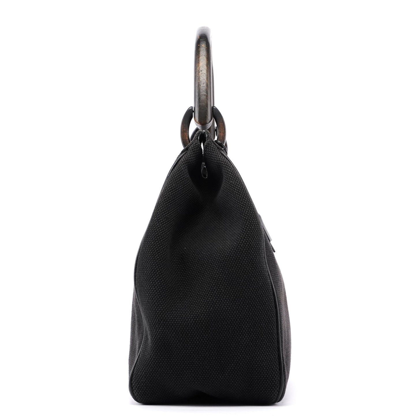 Black Canvas Wood Handle Shoulder Bag