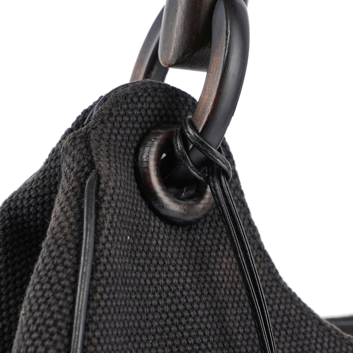 Black Canvas Wood Handle Shoulder Bag