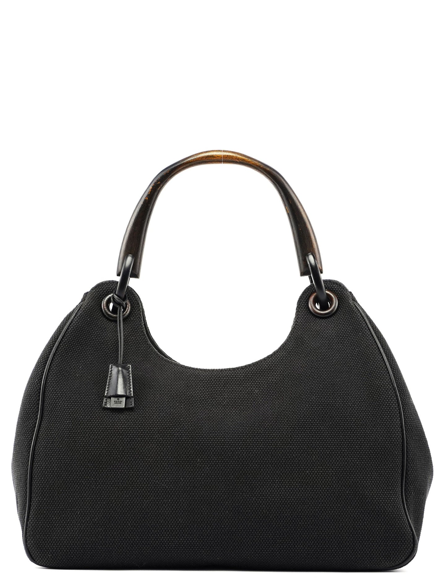 Black Canvas Wood Handle Shoulder Bag