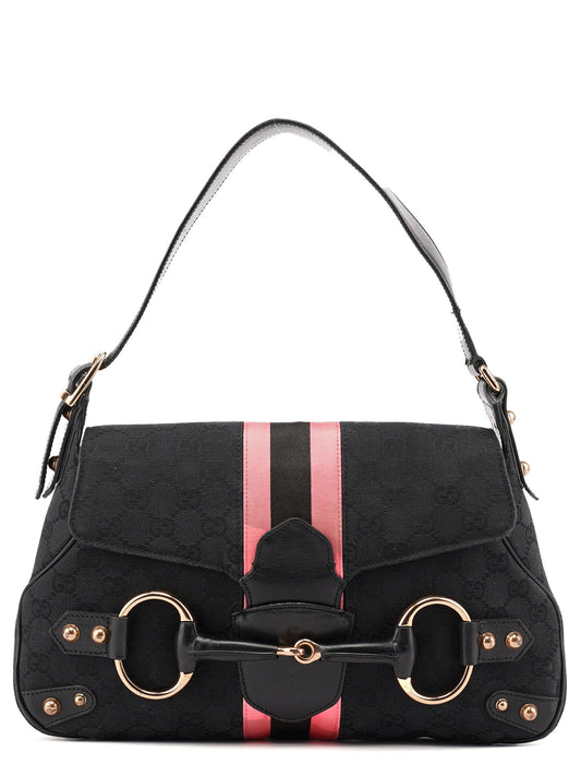 Black GG Satin Horsebit Shoulder Bag