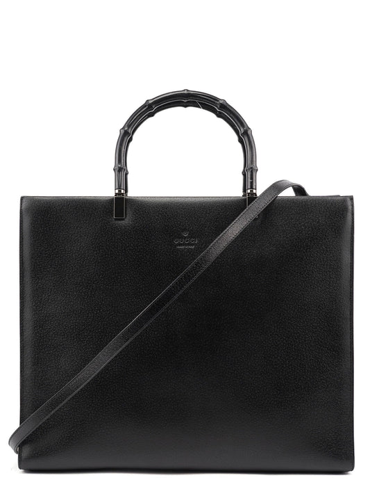 Black Leather Bamboo 2-Way Tote Bag