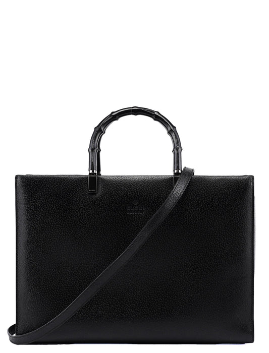 Black Leather Bamboo 2-Way Tote Bag