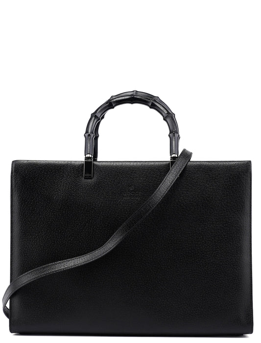 Black Leather Bamboo 2-Way Tote Bag