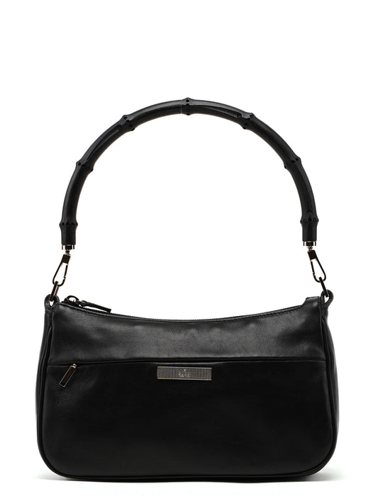 Black Leather Bamboo Hobo Bag