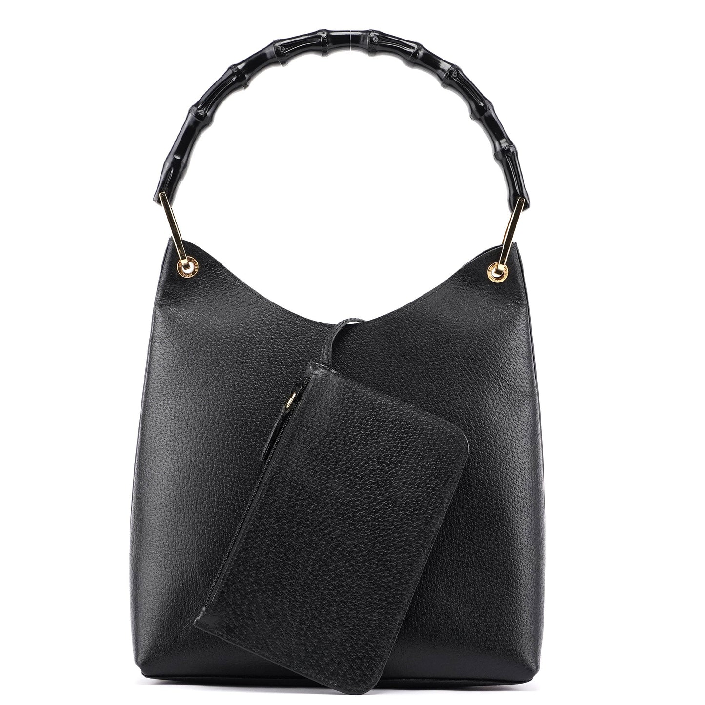 Black Leather Bamboo Shoulder Bag W/ Pouch