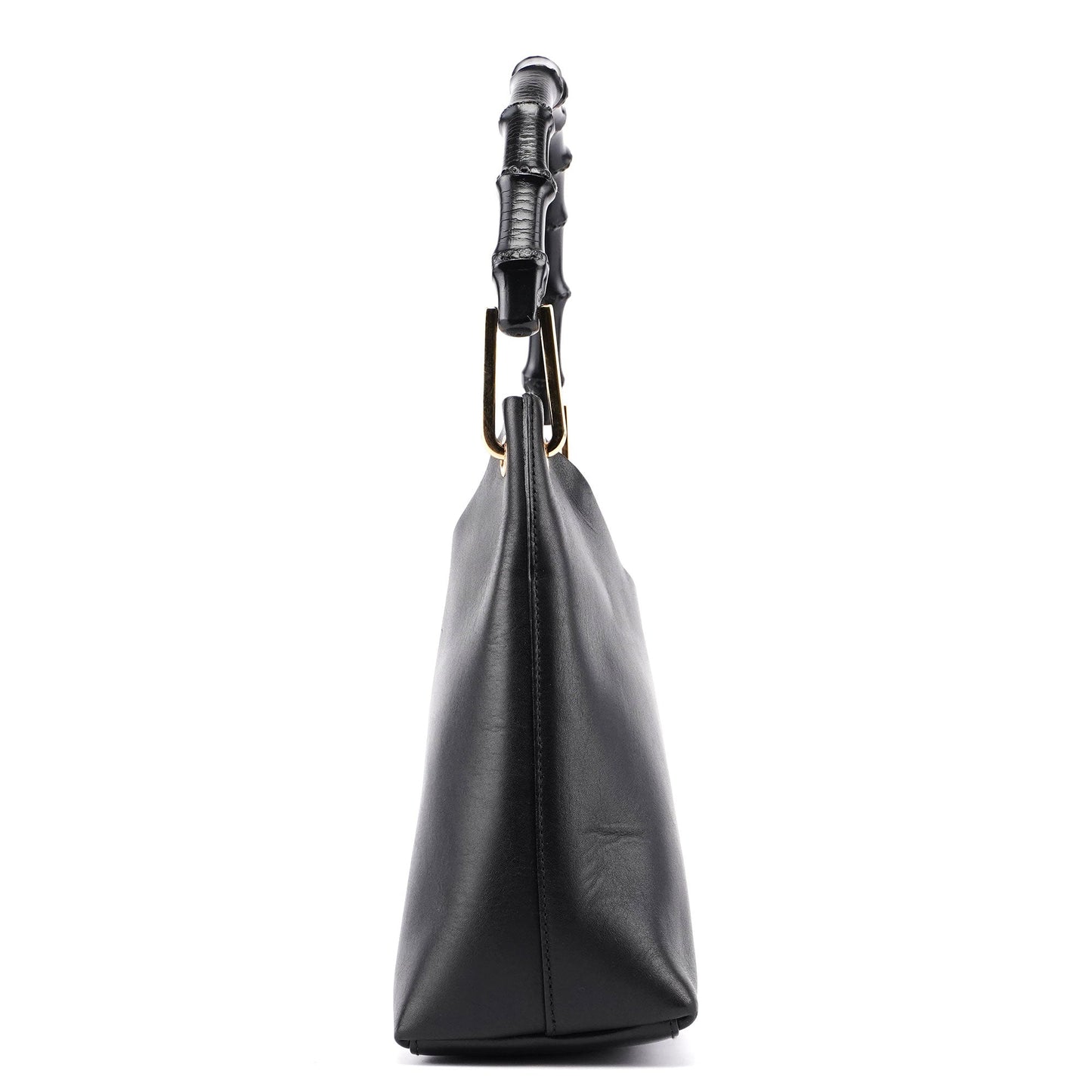 Black Leather Bamboo Shoulder Bag W/ Pouch