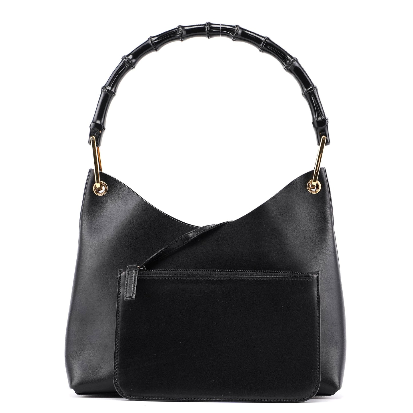 Black Leather Bamboo Shoulder Bag W/ Pouch